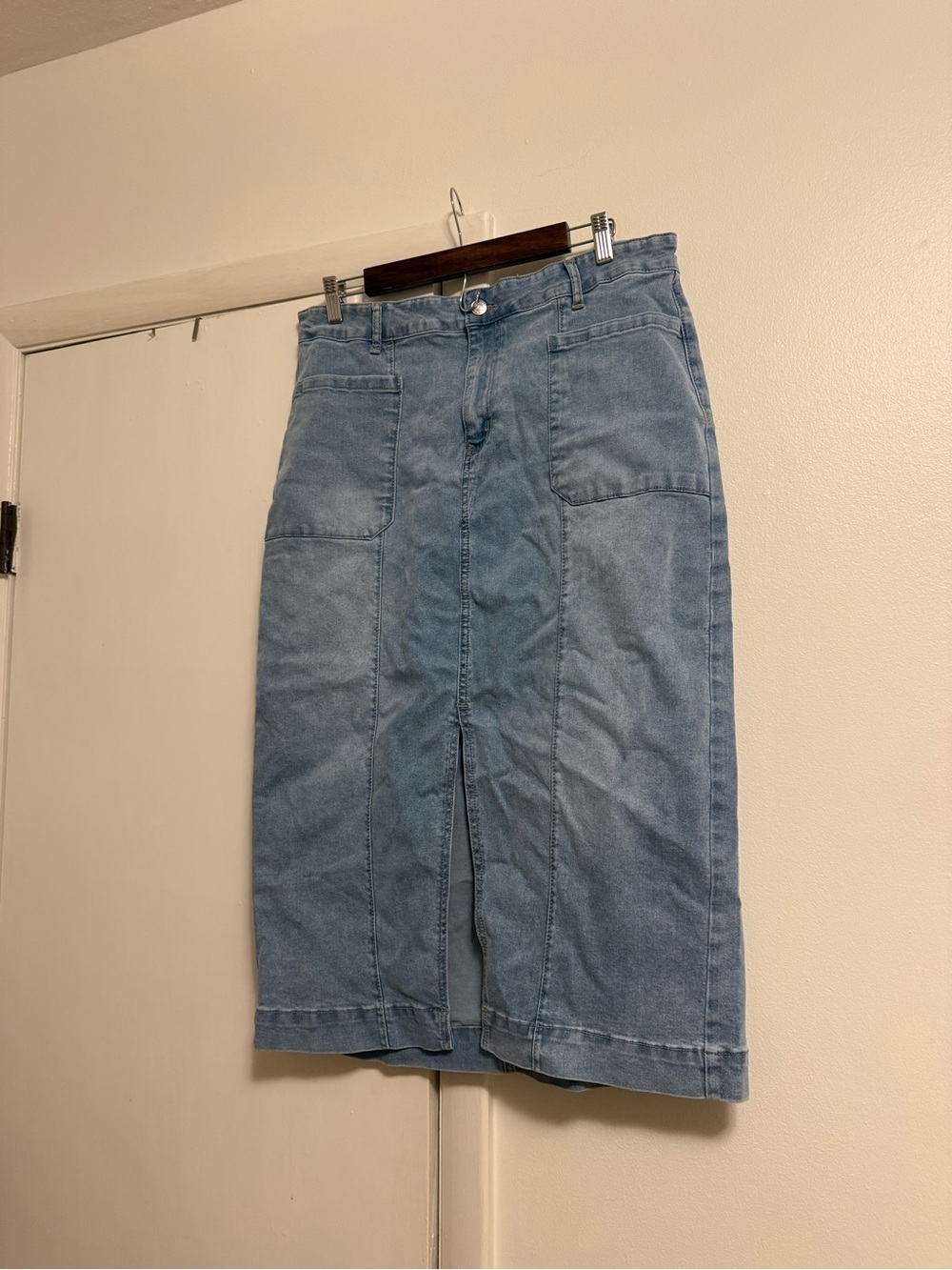 High-Rise Light Blue Denim Midi Skirt with Front Vent